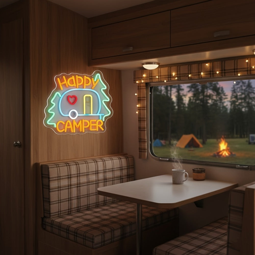 Happy Campers Neon Sign LED Wall Light | Illuminated RV Camper Decor Sign for Campsite Bedroom Man Cave Bar Party Polychrome Glowing Gift for Campers - product image 2