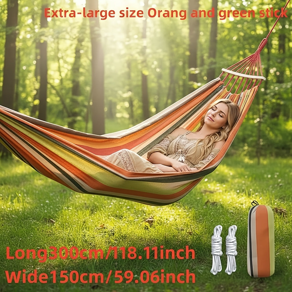 Outdoor Woven Hammock with Wooden Spreader Bar – Hanging Chair Swing Bed for Garden, Courtyard, Park & Balcony (No Frame Included) – Thickened Nylon Rope, Single or Double Size