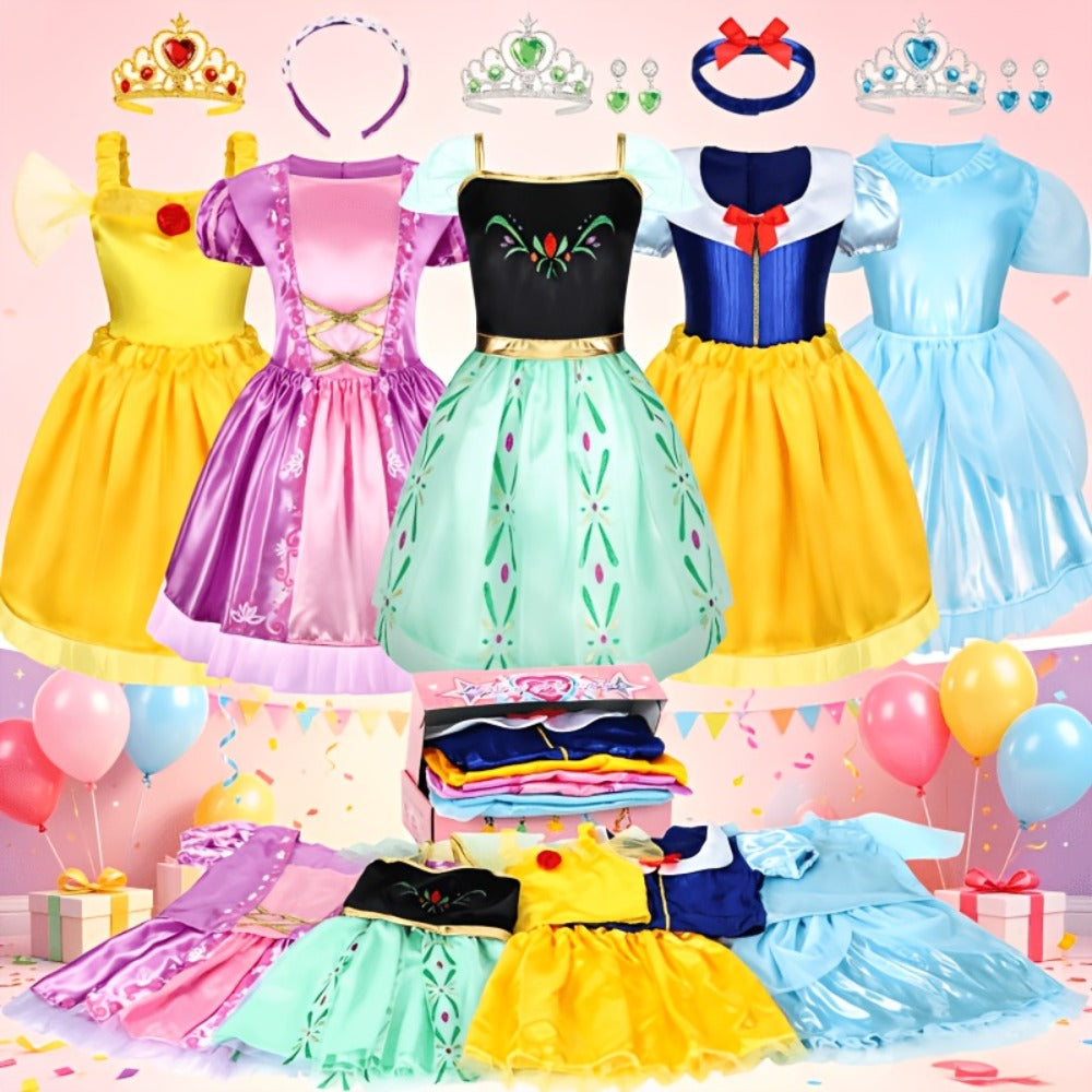 5 Role Play Outfits with Crowns, Earrings & Storage Box, Toddler Princess Costumes for Girls Ages 3-6, Birthday Gift | Girls Princess Dress Up Costume Set 14pcs
