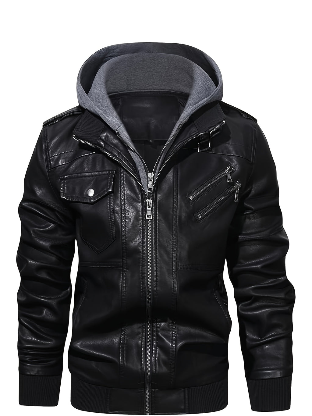 Men's High Quality Windproof PU Motorcycle Bomber Jacket with Removable Hood & Belted Hoodie Suitable for Riding, Winter, Spring, Fall - -Tear Windproof Bomber - product image 3