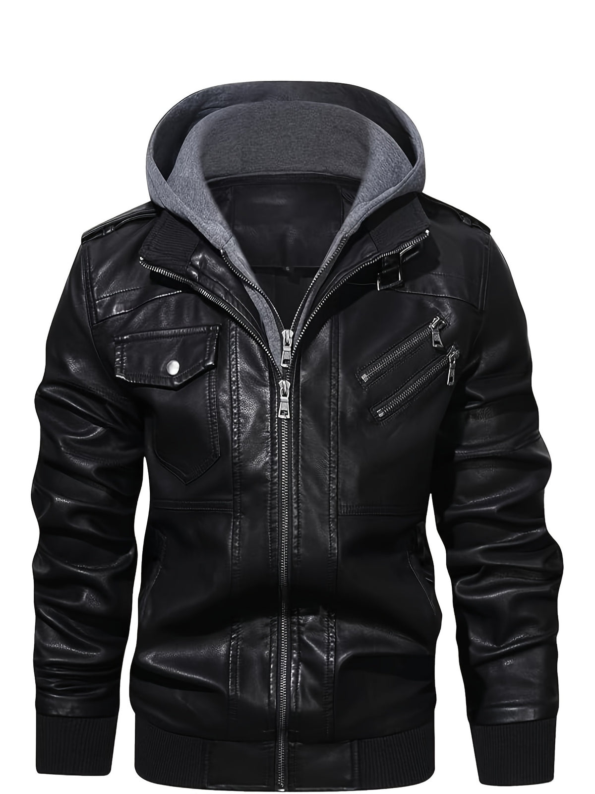 Men's High Quality Windproof PU Motorcycle Bomber Jacket with Removable Hood & Belted Hoodie Suitable for Riding, Winter, Spring, Fall - -Tear Windproof Bomber - product image 3