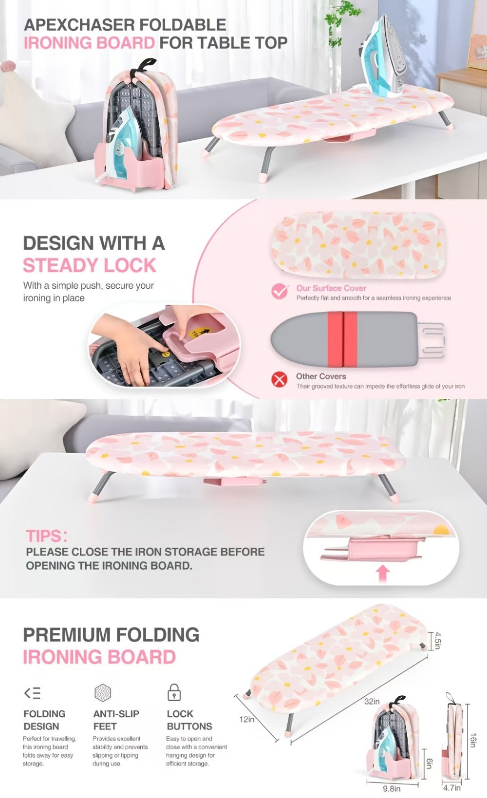 Tabletop Ironing Board with Iron Holder - Compact Portable Mini Ironing Board with Non-Slip Feet, Heat Resistant Cover, Space Saving Design for Small Spaces, Dorm, Travel - Pink - product image 8
