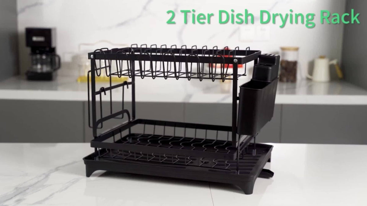 2-Tier Metal Dish Drying Rack with Drainboard – Kitchen Counter Dish Drainer Compact Countertop Drying Rack Black White Gray - product image 11