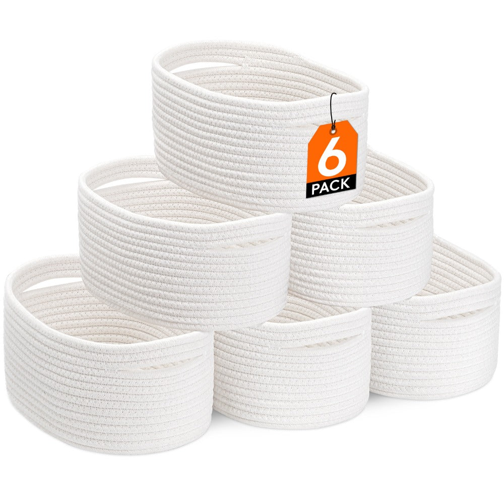 Woven Storage Baskets 6-Pack Cotton Rope Cube Bins 11x7x5" | Handmade Small Shelf Baskets for Organizing Closet Bedroom Living Room Playroom | Round Decorative Storage Caddy Multip - product image 6