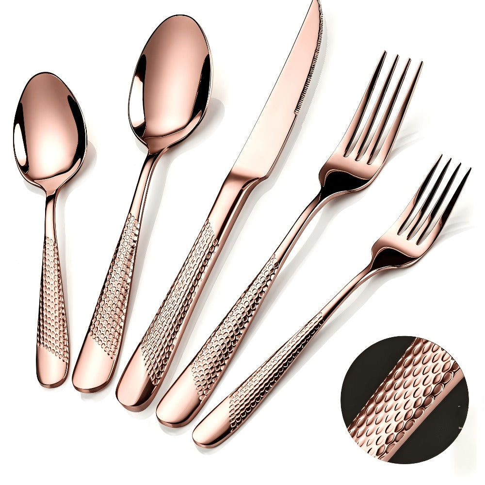Stainless Steel Flatware Set 40/48 Piece – 304 Silverware Set for 8 Hammered Mirror Polished Rose Gold Cutlery with 2-in-1 Serrated Knife Dishwasher Safe Modern Utensils for Home R - product image 3