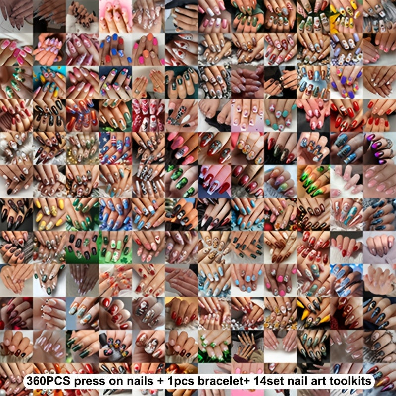 Fake Nails 375 Pieces Complete Kit – 360pcs Press On Nails + Bracelet + 14 Nail Art Tools | Almond Square Short Medium Glossy Gel Polish Pastel Neon Glitter Holographic Marble Flor - product image 12