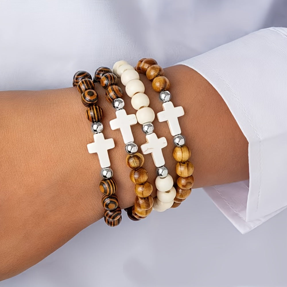 20/40PCS Vintage Ethnic Alloy Cross Pendant Woven Elastic Bracelets, Assorted Colors Christian Religious Jewelry Gifts for Kids Adults | Cross Bracelets Bulk for Baptism Party Favors