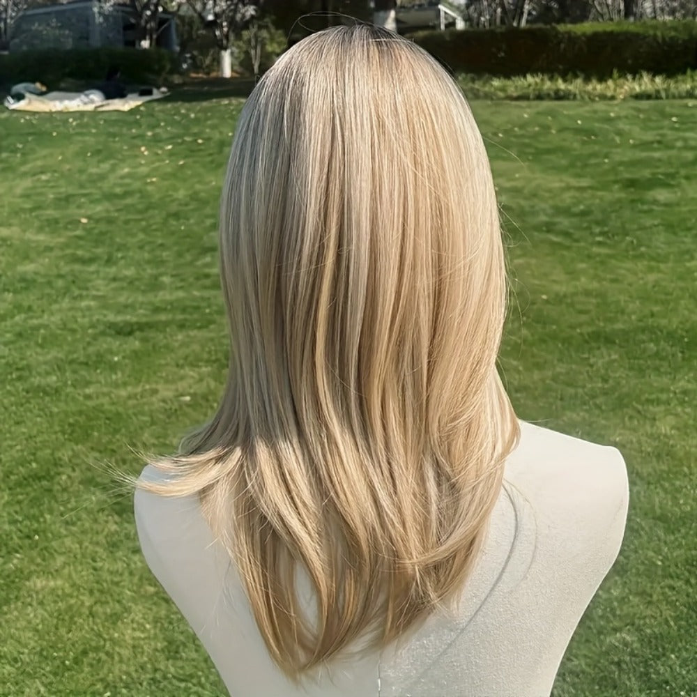 Platinum Blonde Ombre Synthetic Wig Layered Straight 20 Inch Long | Lightweight Chemical Fiber, Hairnet Included | Women Daily Wear Party Cosplay Festival Halloween - product image 8