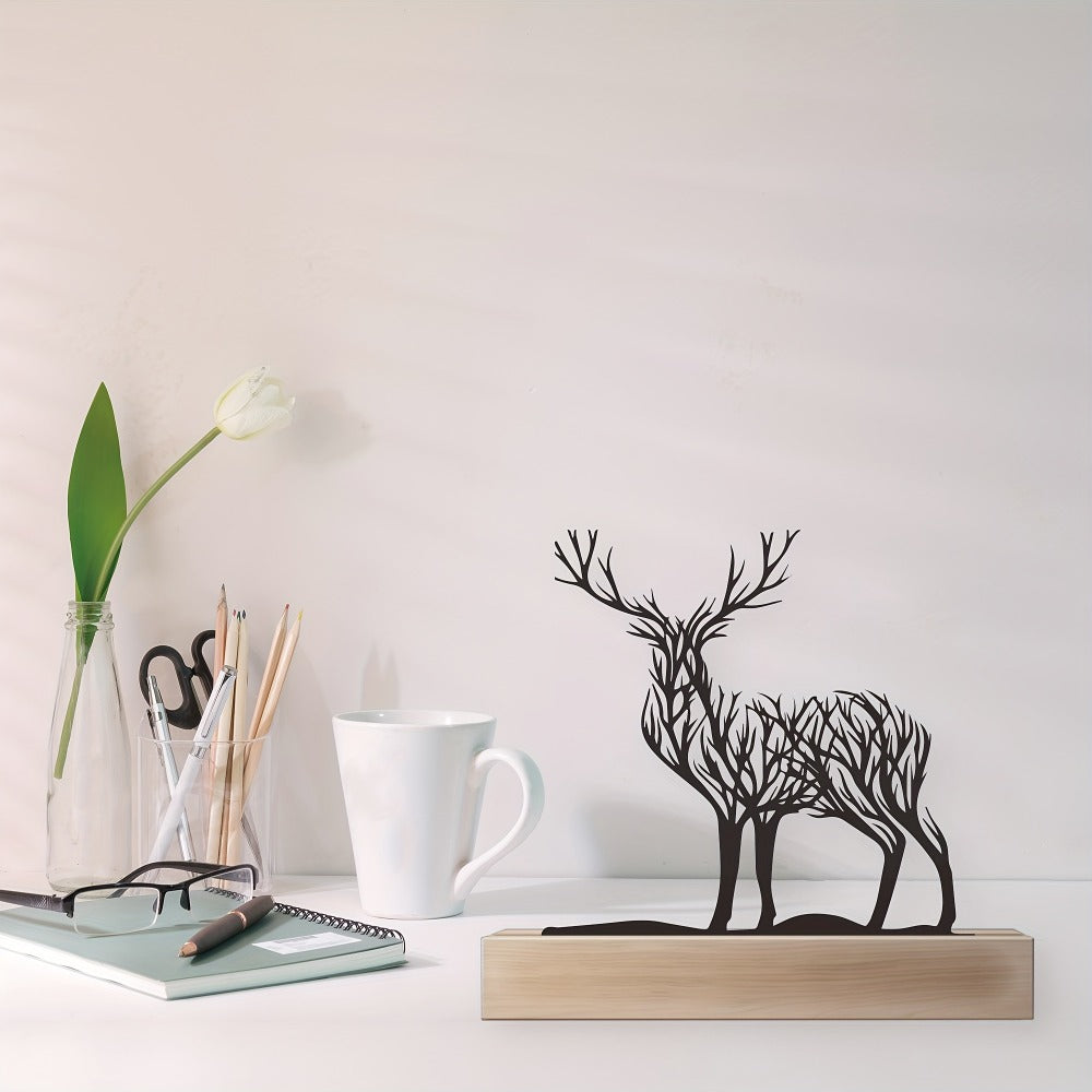 Tabletop Deer Branches Decoration with Wood Base - Iron Metal Antler Desk Sculpture for Living Room Bookshelf TV Cabinet Wine Cabinet Office Desk, Halloween Christmas New Year Home - product image