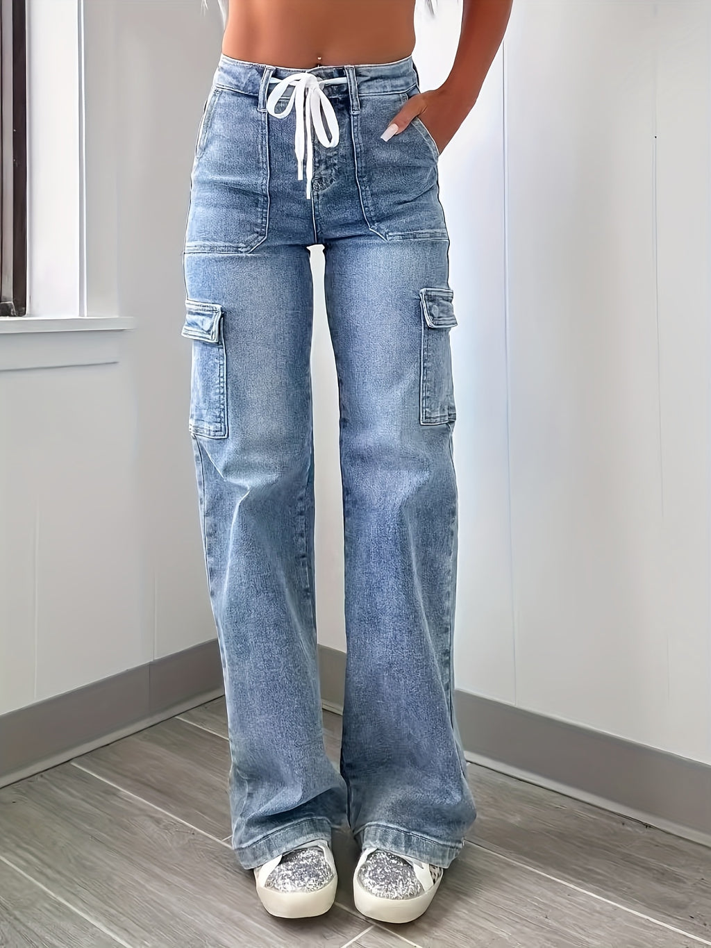 New Style Women's Leisure Straight-Leg Jeans with Laces and Multiple Pockets, Casual Fashion Denim Fabric Sweatpants Jeans Fit Women's Clothing - product image 9