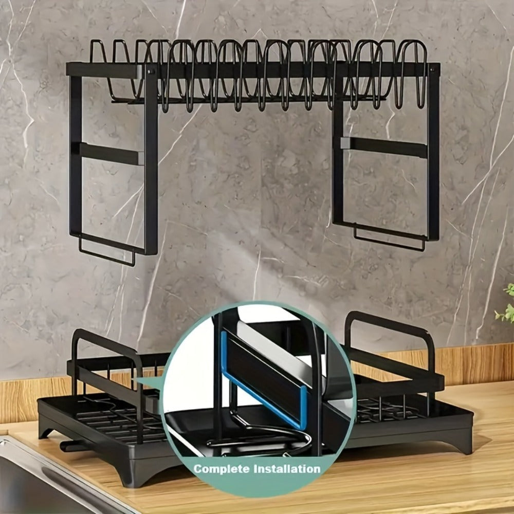 Dish Drying Rack 2 Tier with Drainboard for Kitchen Counter Metal Dish Drainer with Utensil Holder Cups Organizer Space Saving Kitchen Drying Rack Black White - product image 8