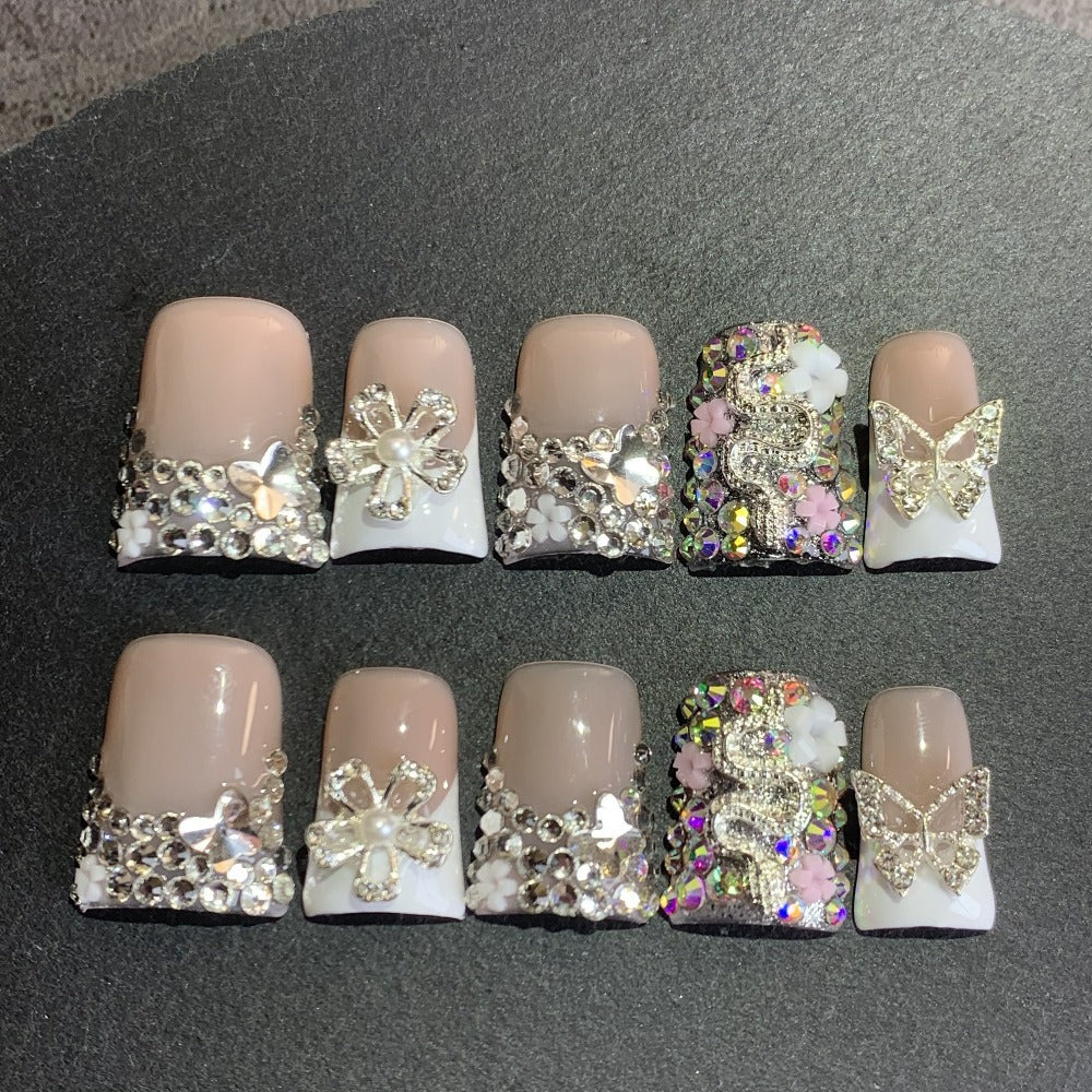 Ugly Cute Duckbill Press On Nails White French Style – Colorful AB Iridescent Floral Full Cover Handmade Acrylic Fake Nails for Daily Use, Parties & Birthday Gifts, 10pcs S/M/L - product image 7