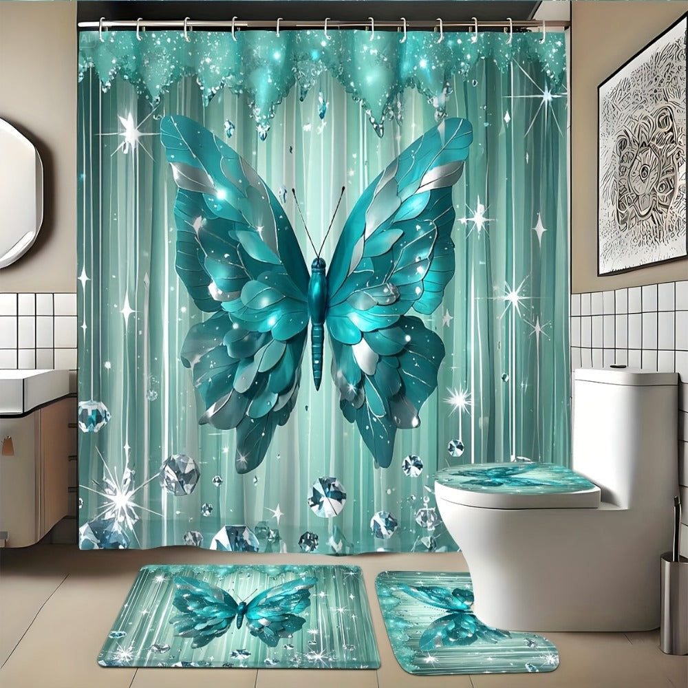 Shower Curtain Set Diamond Butterfly Print 70.8x70.8 Inch - 4 Piece Bathroom Set with U-Shape Toilet Seat Cover Non-Slip Rug 12 Hooks Machine Washable | Cyan Purple Pink | All Seas - product image 5