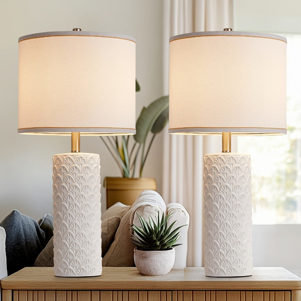Ceramic Table Lamp – Modern Farmhouse Bedside Lamp with Drum Shade, 3 Color Temperature, Knob Switch, 9W LED Bulb Included, Rustic Nightstand Desk Light for Bedroom Living Room Off - product image