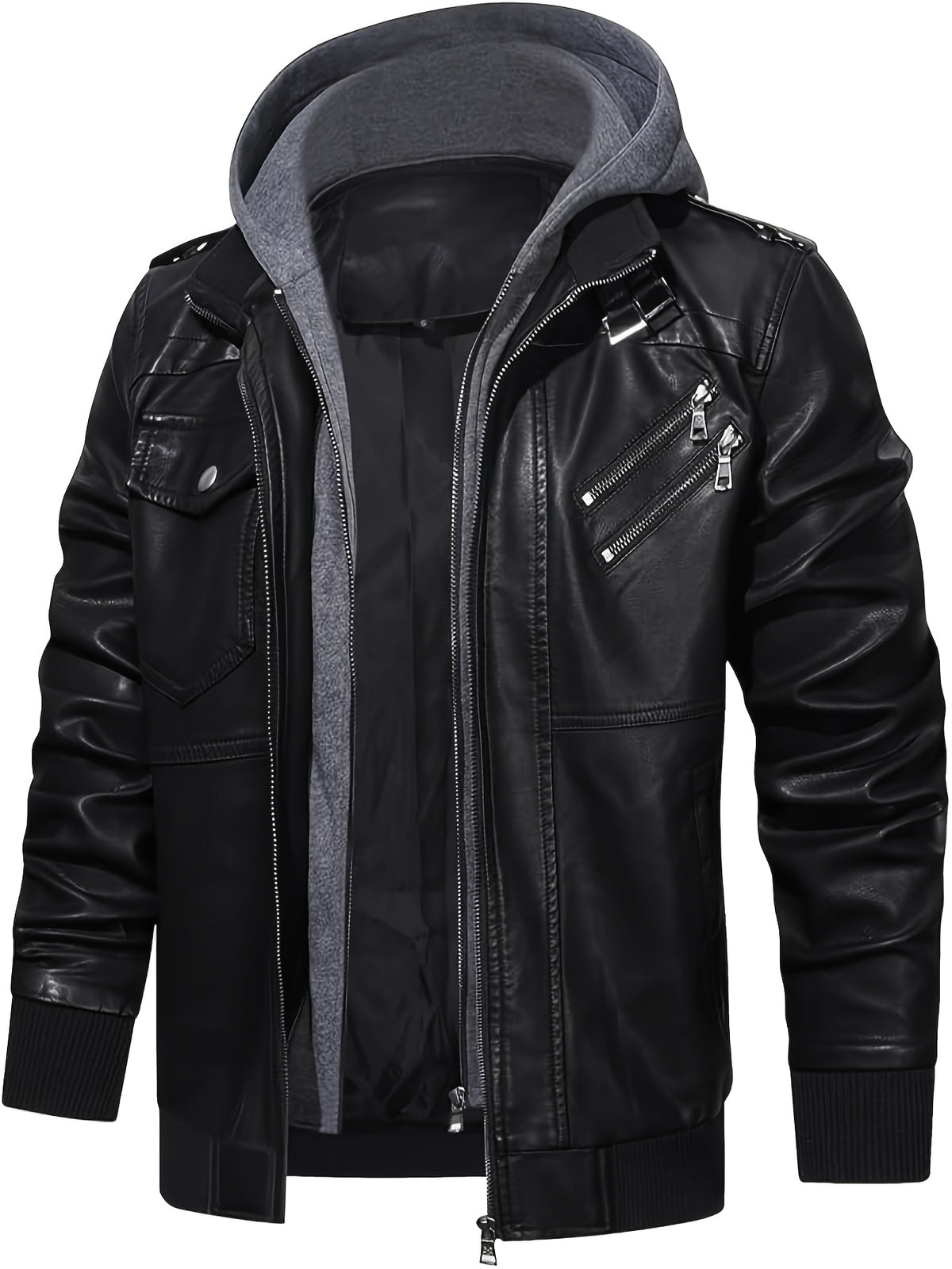 Men's High Quality Windproof PU Motorcycle Bomber Jacket with Removable Hood & Belted Hoodie Suitable for Riding, Winter, Spring, Fall - -Tear Windproof Bomber - product image 5