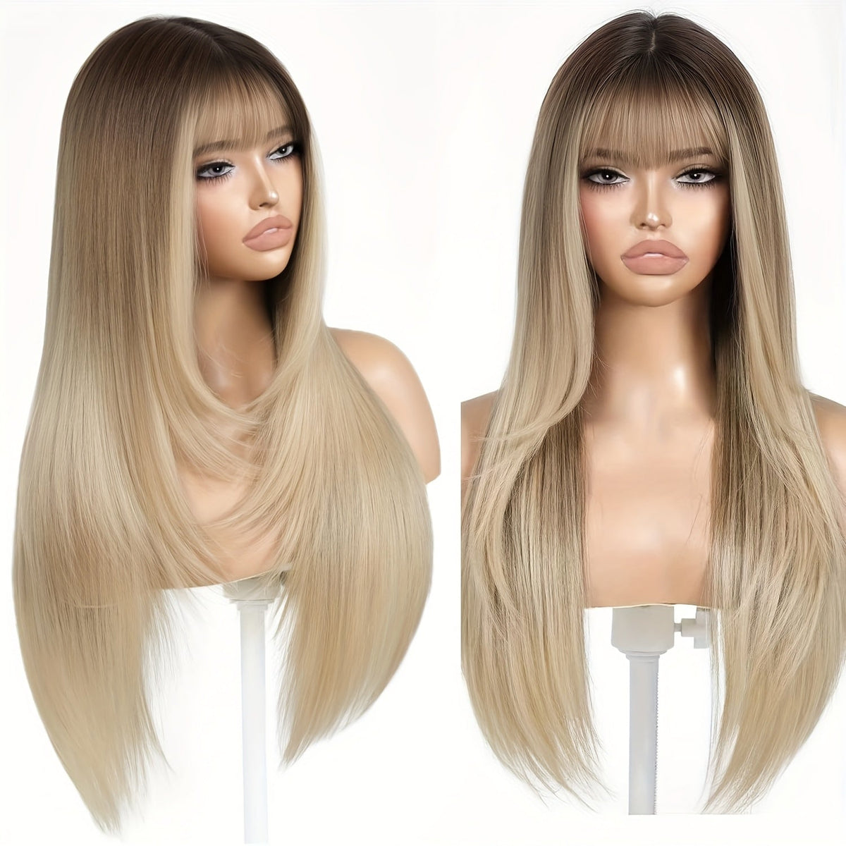 Curtain Bangs Lace Front Wig Synthetic Glueless 26 Inch Long Straight Pre-Bleached Realistic Scalp Natural Hairline 5 Colors Daily Wear Women - product image 12