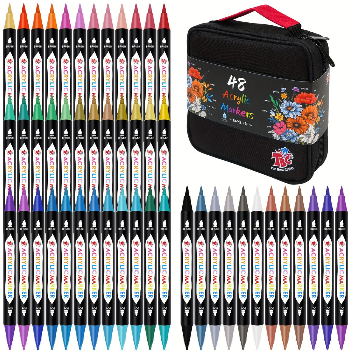 Double Zipper Premium Storage, Non-Toxic Odorless Paint Pens for Canvas Rock Wood Glass Fabric, Artist Gift – Acrylic Paint Markers with Canvas Bag Dual Tip 48 72 108 Colors