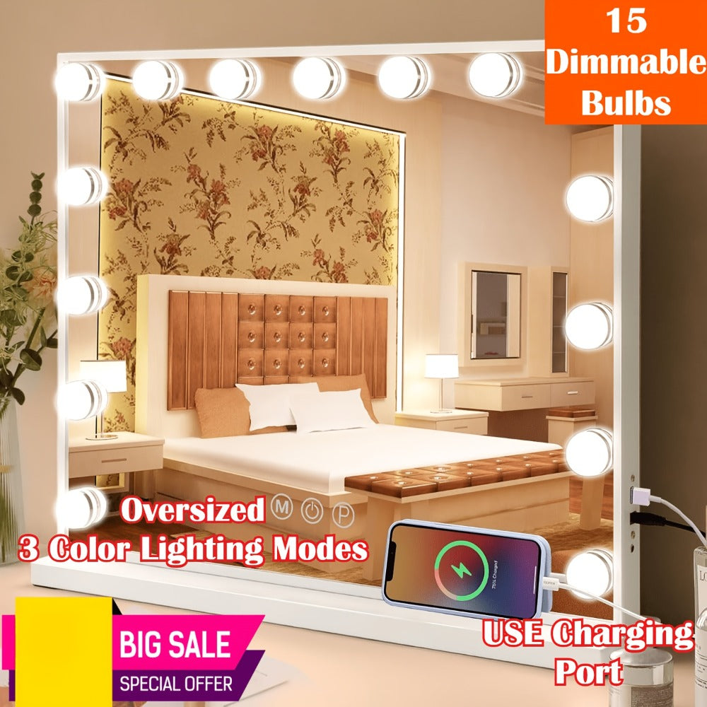 Hollywood Vanity Mirror with Lights – 15 LED Bulbs, 3 Color Modes, Dimmable Brightness, 23x18 Inch, USB & Type-C Charging, Touch Control, Desk & Wall Mount, Metal Frame Makeup Mirr - product image