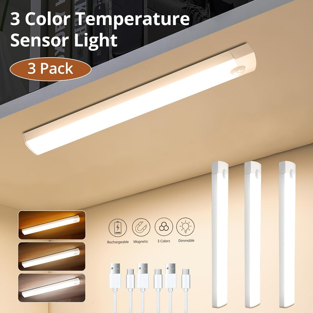 Motion Sensor Cabinet Light 3-Pack – 3-Color Temperature Dimmable Under Counter Closet Light, Wireless Magnetic USB Rechargeable for Kitchen, Wardrobe, Stairs, Hallway & Vanity (11 - product image