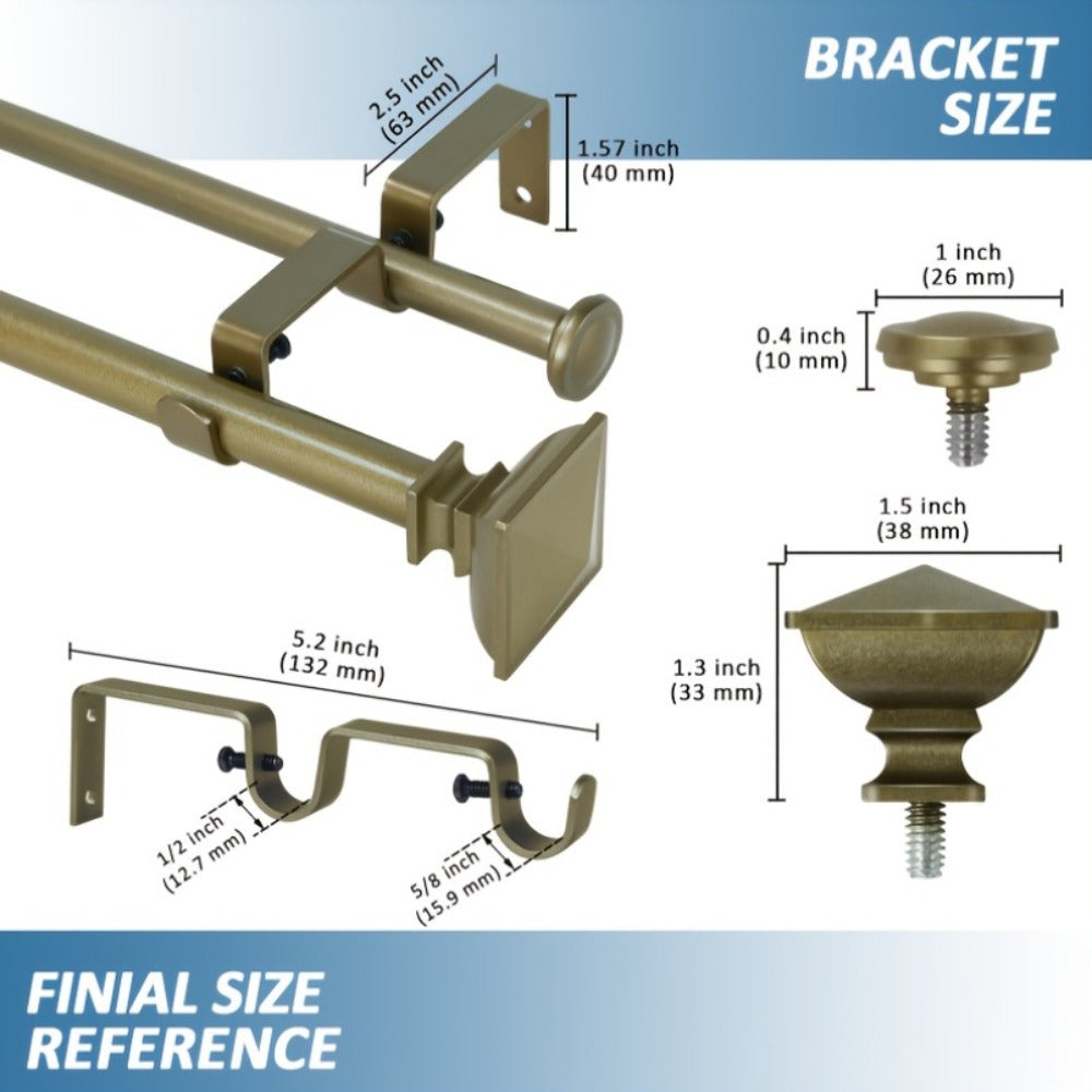 Double Curtain Rod Set with Square Urn Finials Adjustable Double Drapery Rod 5 Finishes 2 Sizes Window Curtain Hardware Easy Install - product image 9