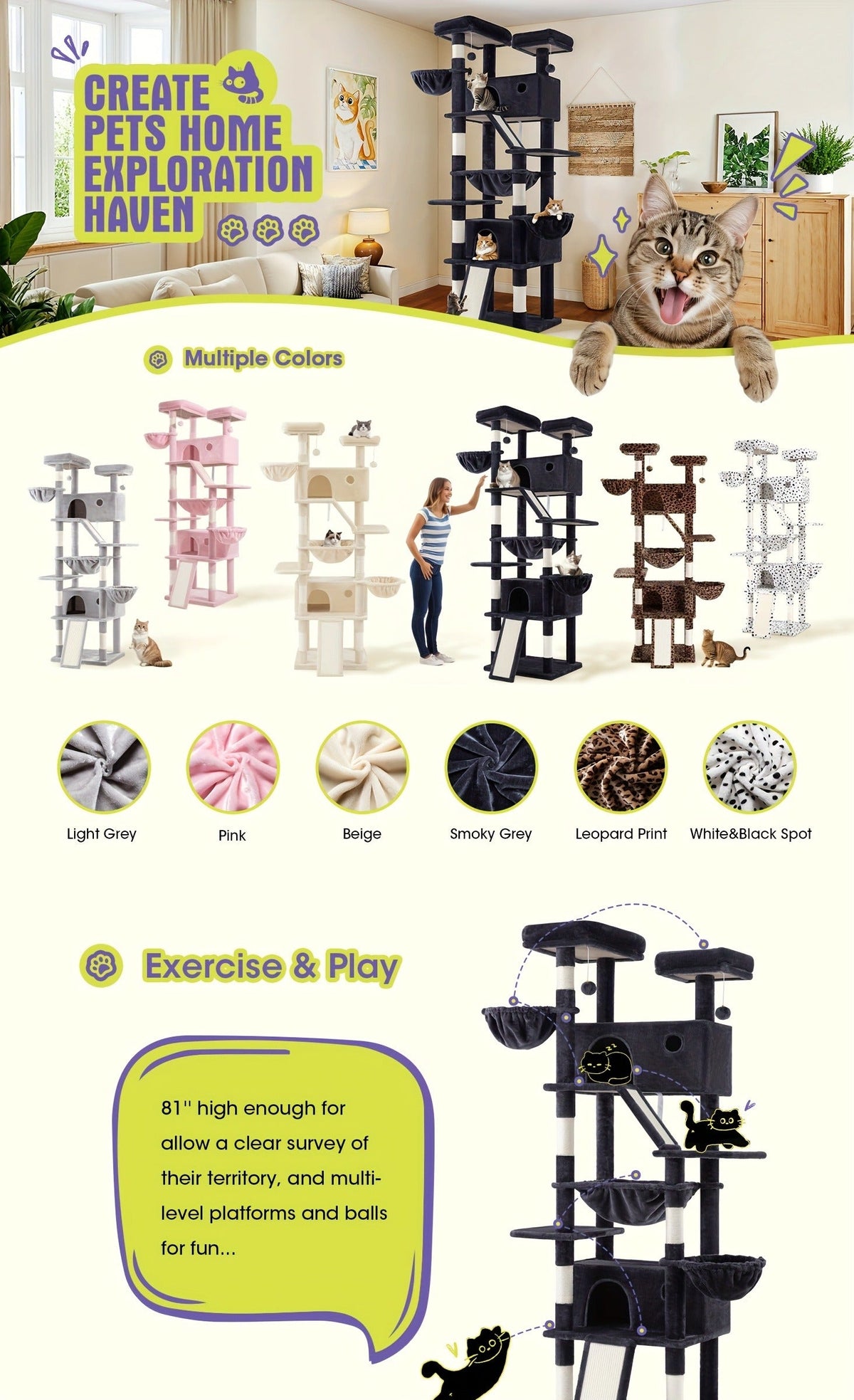 Cat Furniture with Sisal Scratching Posts, Plush Perches, Hammock, Basket & Corner Condo Cave, Hanging Toys & Climbing Ramp, Multiple Sizes & Colors | Cat Tree - product image 30
