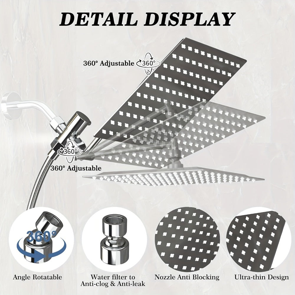 High Pressure Rainfall Handheld Shower Head Combo, 11-Inch Extension Arm, 9 Settings, 180° Adjustable, Anti-Leak with Holder, Chrome & Matte Black, 8/10/12 Inch - product image 4