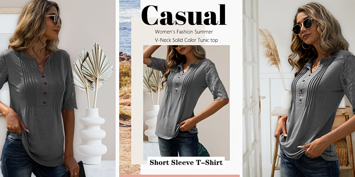 Casual Short-Sleeve T-Shirt for Women, Featuring a Pleated Design and V-Neck in Solid Colors, Perfect for Summer - product image 5