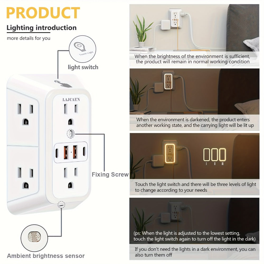 Outlet Splitter Wall Expander 10-in-1 with 6 AC Outlets 2 USB-A 2 USB-C Ports 3-Sided Plug Extender Surge Protector Night Light Compact Space-Saving Design for Home Dorm Apartment  - product image 12