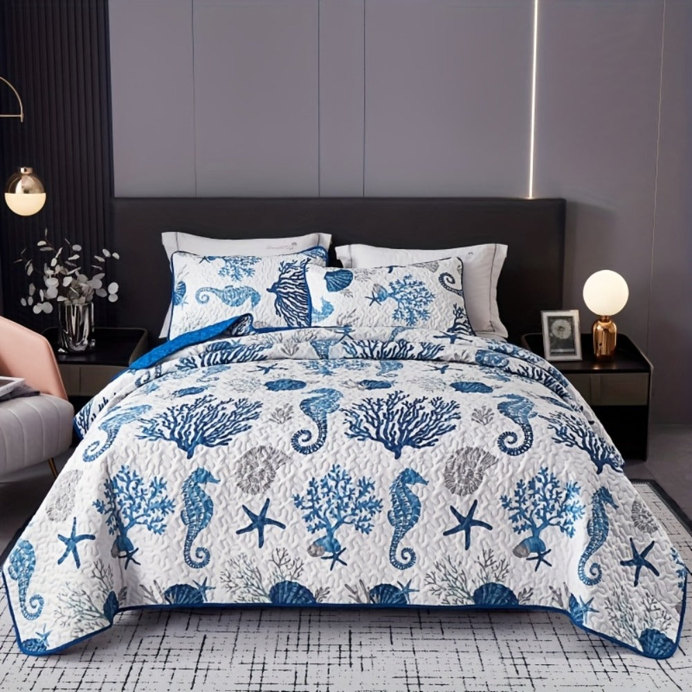 Duvet Cover Set 3 Piece Ocean Style Seahorse Coral Pattern Soft Breathable Microfiber Bedding Set with 2 Pillowcases Machine Washable All Season Comforter Cover for Bedroom Dorm Tw - product image 2