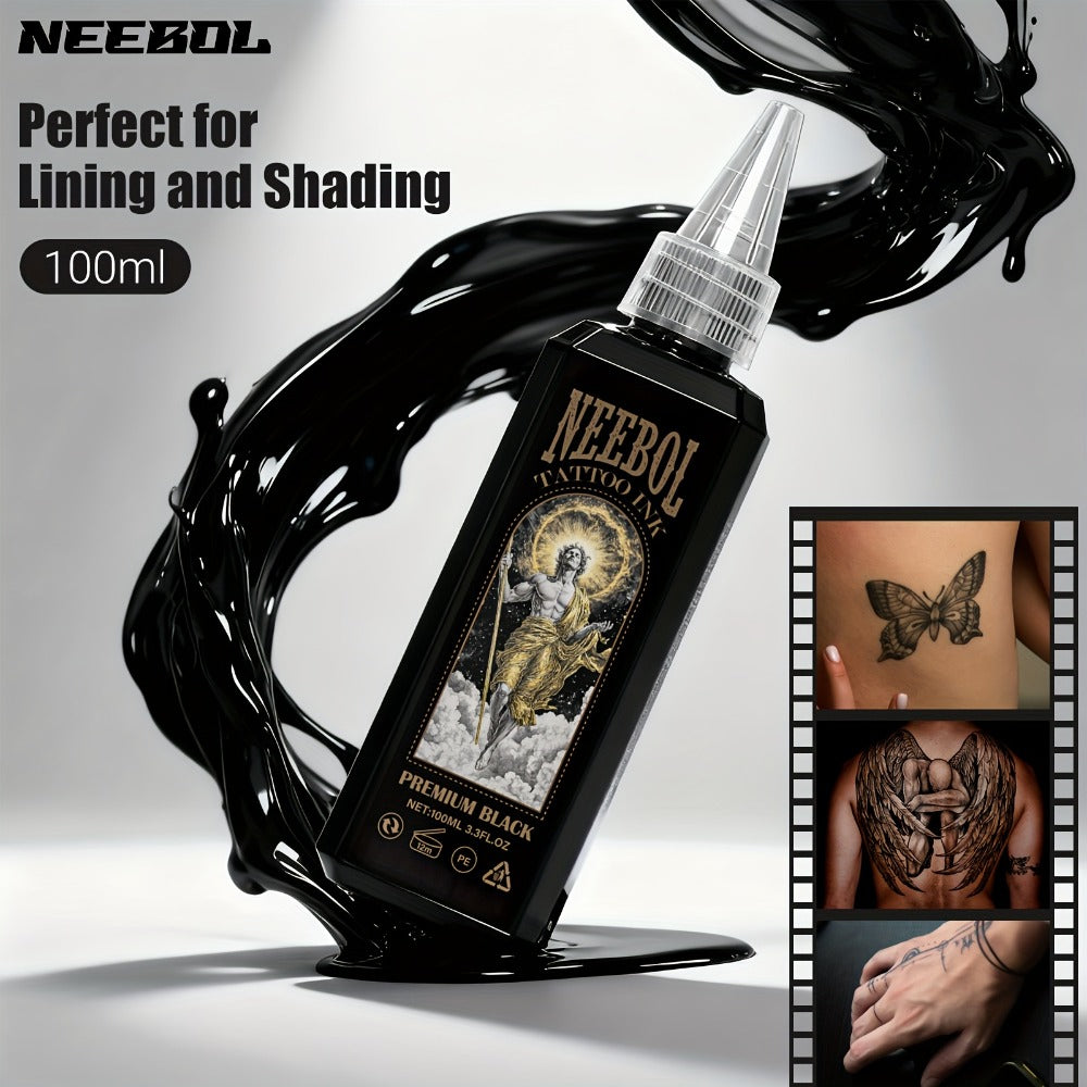 Black Tattoo Ink 3.38oz 100ml - Neebol Premium Super Dark Formula for Outlining Shading Blending, Long-Lasting Fade-Resistant Body Art Ink for Professional Tattoo Artists & Beginne - product image
