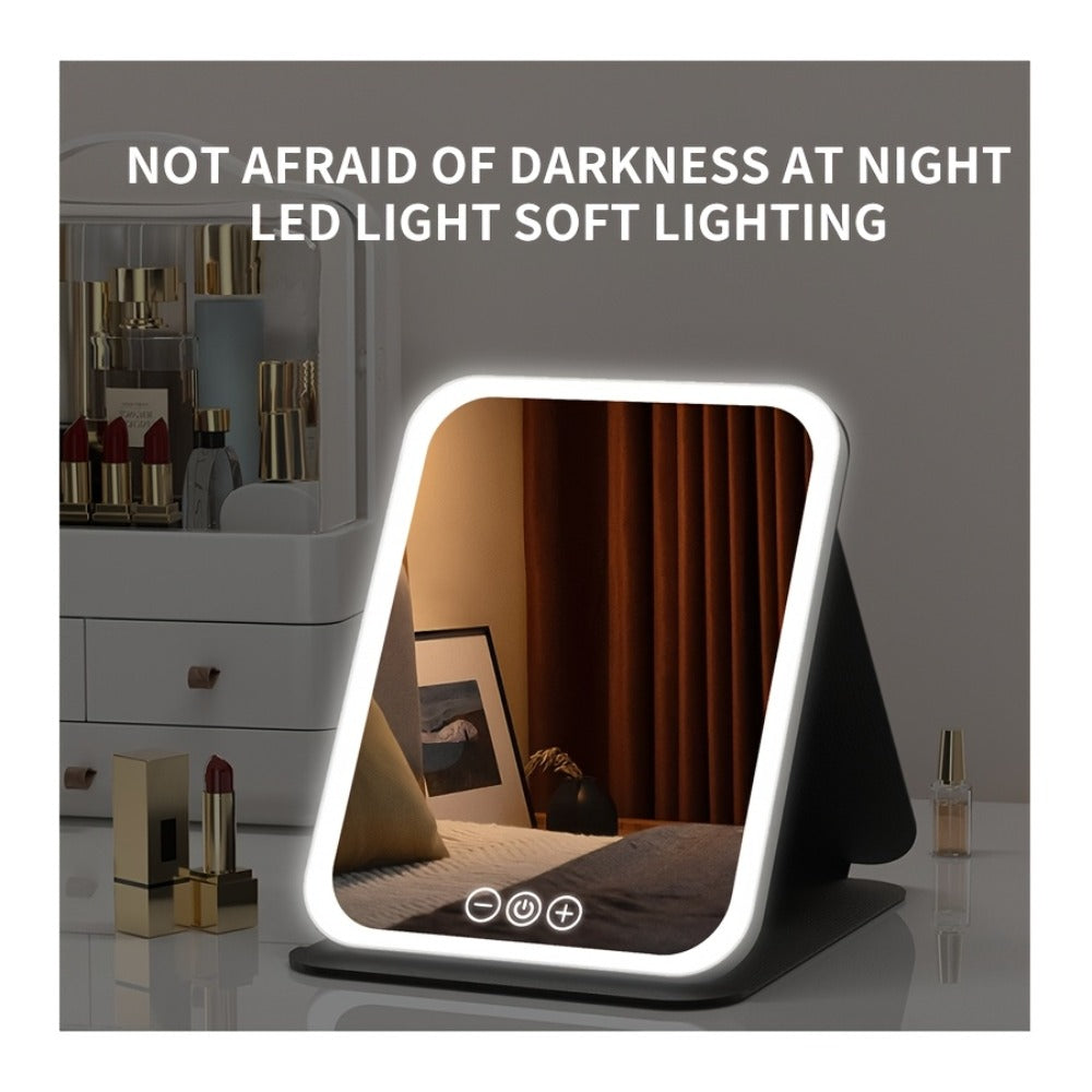 Portable LED Makeup Mirror Folding with Touch Screen - USB Rechargeable Vanity Mirror, Tri-Color Dimmable Lighting, Travel Desk Tabletop, Square or Round Shape, Pink or White, Cord - product image 14