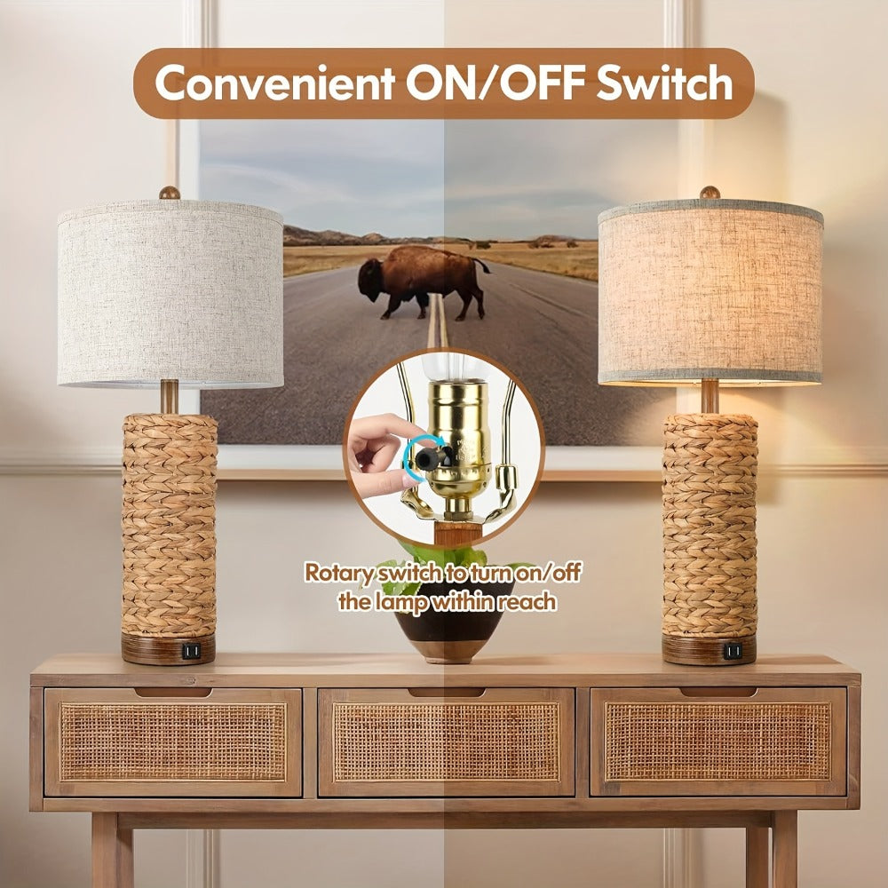 Rattan Table Lamp Set of 2 with USB Ports - 27 Inch Tall Woven Seagrass Bedside Nightstand Lamps for Living Room Bedroom End Table, Coastal Farmhouse Rustic Decor, E26 Socket Rotar - product image 2