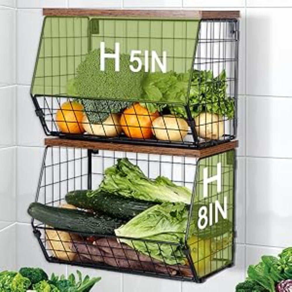 Stackable Metal Wire Fruit Basket with Lid – 1 or 2-Tier Hanging Kitchen Pantry Storage Bin, Wall-Mounted or Countertop Vegetable Organizer for Potato, Onion & Produce, Black - product image 16