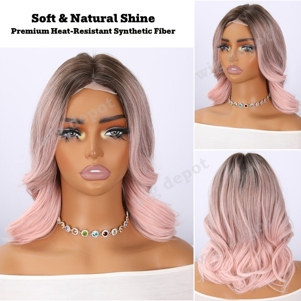 U Part Lace Front Bob Wig 4x1 Glueless Rose Net Cap Middle Part Natural Hairline Synthetic Wig for Women 14 Inch Brown Highlights Milky White Black Pink - product image 25