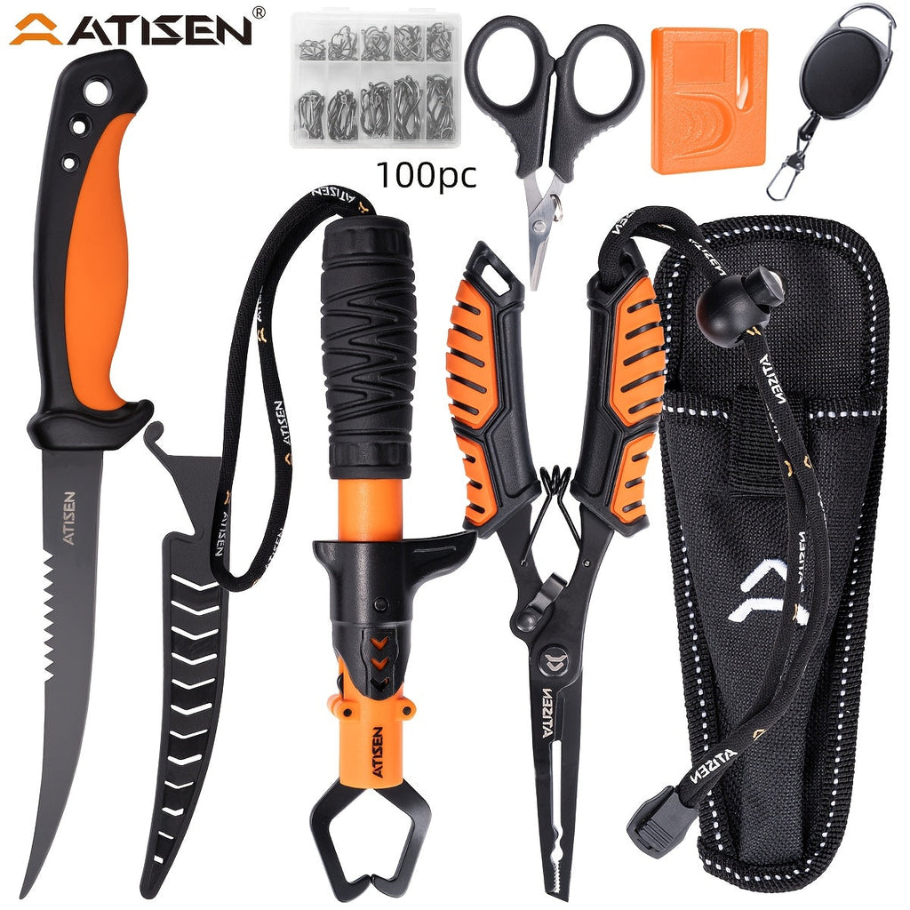 Bait Knife, Luya Tongs, Knife Sharpener, Fishing Line Clippers & Anti-Loss Stretch Rope, Orange High-Visibility Fishing Tool Kit for Outdoor Camping Hiking - product image