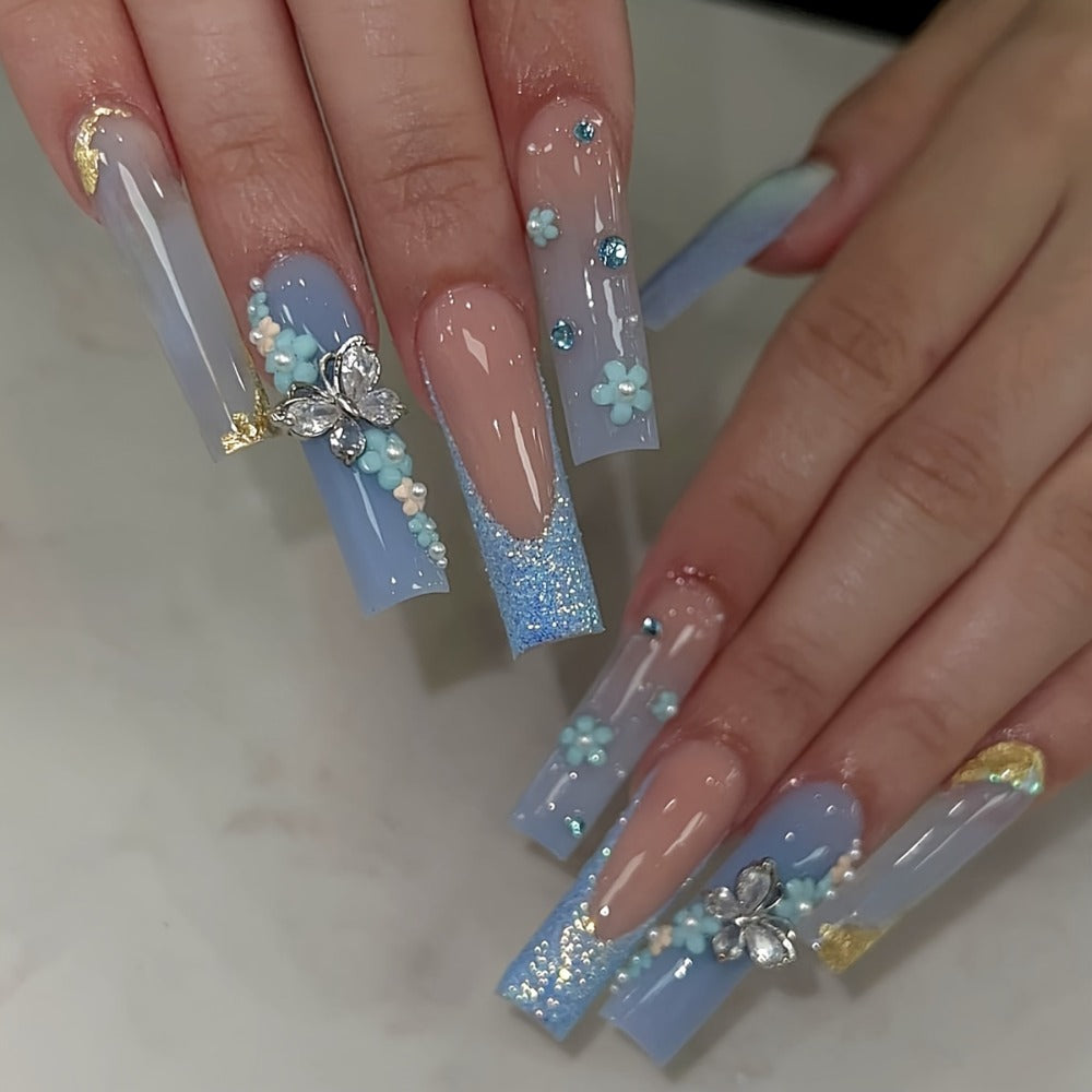 Long Ballerina Press On Nails 96 Pieces 4 Packs + 4 Bracelets Gift Set – Blue Gradient 3D Flower Butterfly Rhinestone Glossy Full Cover False Nails & Beaded Bangles for Women Girls - product image 2