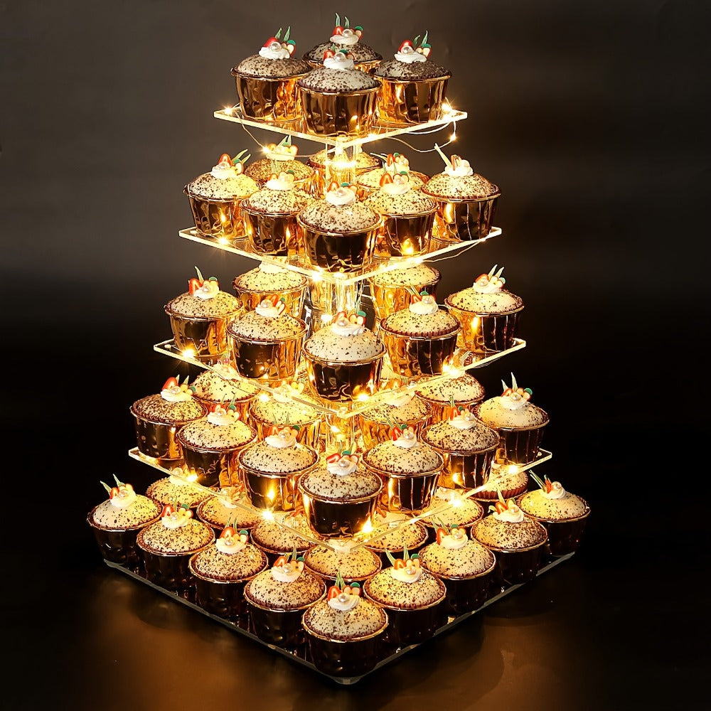 5-Tier Acrylic Cupcake Stand with LED String Lights – Square Dessert Display Tower for 60 Cupcakes Birthday Wedding Baby Shower Tea Party Elegant Transparent Cake Display Rack Easy - product image
