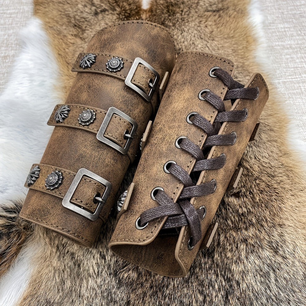 PU Leather Knight Gauntlets Adjustable Metal Buckles Rivets for Men Women Halloween Cosplay LARP Renaissance Fair Stage Costume Dark Brown Khaki Black | Viking Medieval Leather Arm Guards Bracers