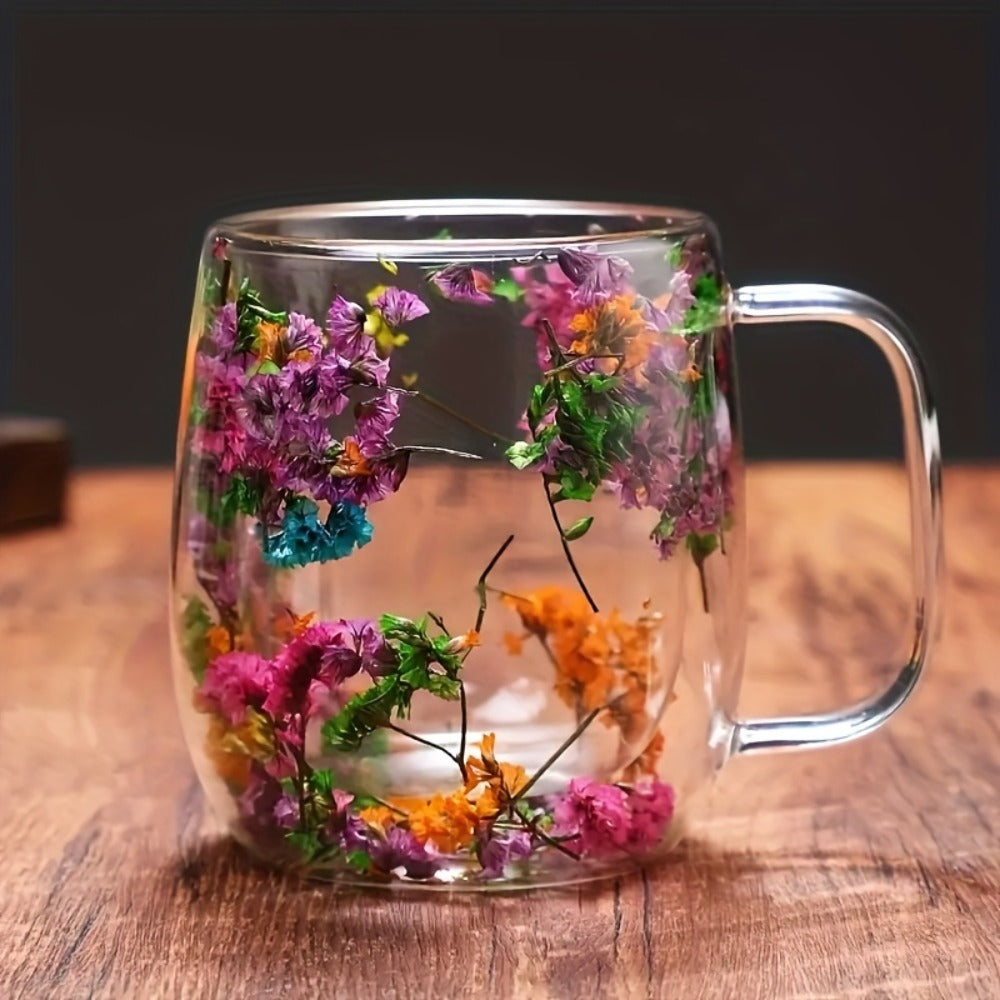 Double Wall Glass Coffee Cups with Handle Set of 4 – Borosilicate Thermal Mugs for Latte Cappuccino Tea | Dried Flower & Petal Design Transparent Drinkware for Office Home Gifts - product image 10