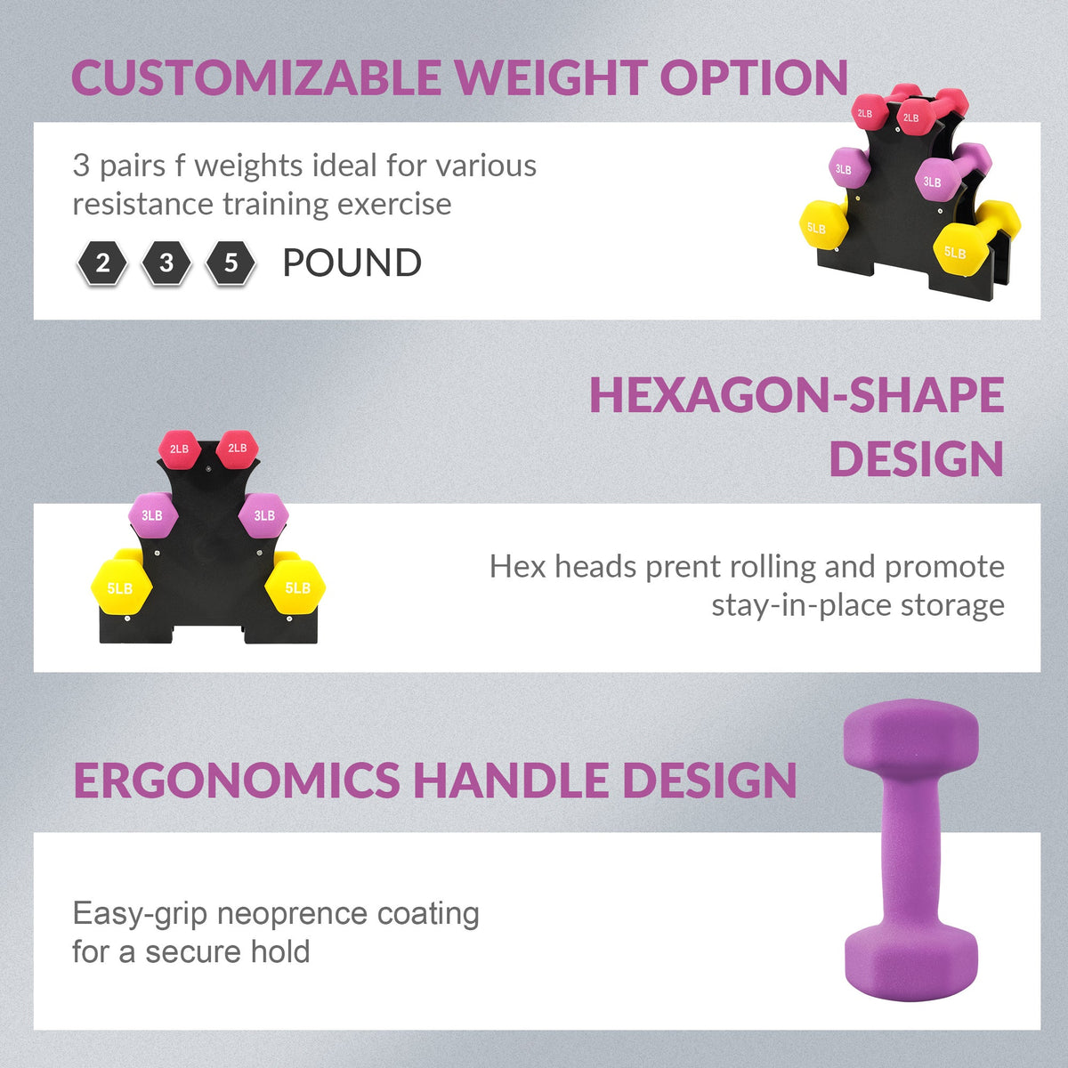 Neoprene Dumbbell Set with Stand | Color-Coded Non-Slip Grip | Hex Hand Weights for Home Gym Strength Training, Workout & Fitness | 20LB Set or 32LB 3-Pair Set - product image 3