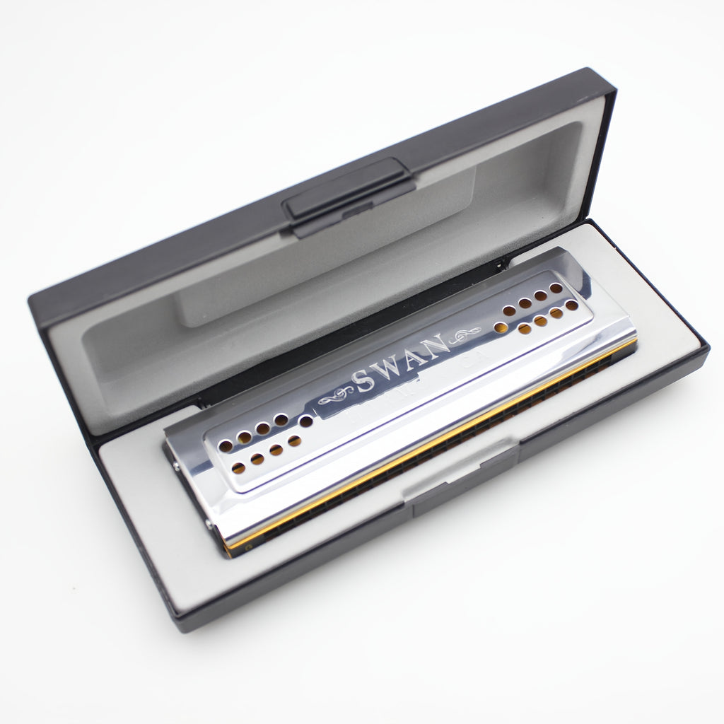 Swan 24-Hole C&G Tuned Diatonic Harmonica, Double-sided Metal with Polished Finish, Includes Cleaning Cloth and Box (Cleaning Cloth Color May Vary) - Swan Harmonica for Beginners and Professionals