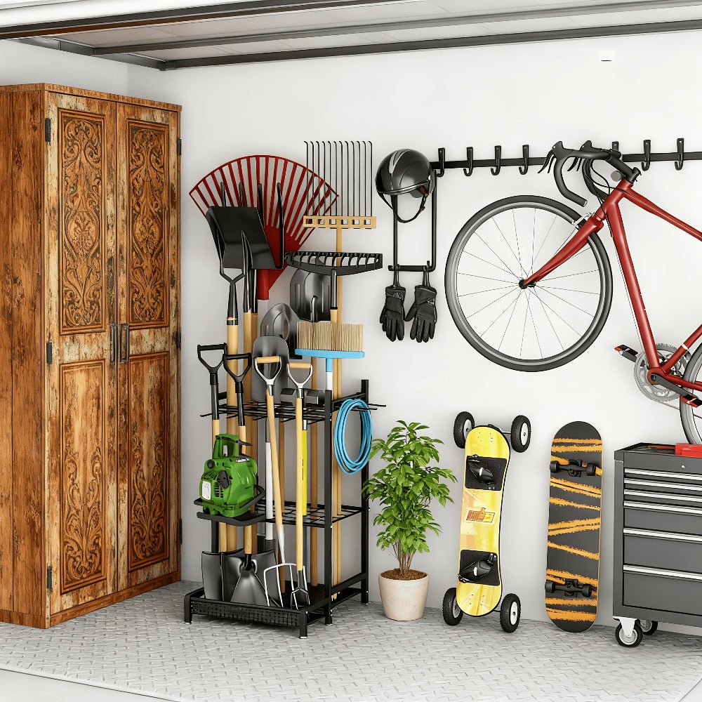 Garden Tool Organizer for Garage – Metal Yard Tool Storage Rack with Hooks & Wheels for Long-Handled Tools, Broom, Shovel, Rake, Mop – Heavy Duty Freestanding Tool Stand Holder, Bl - product image 7