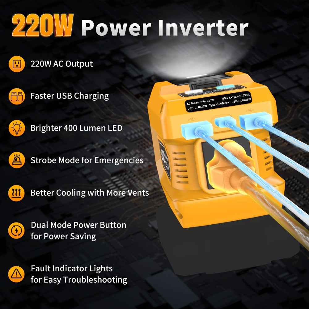 220W Portable Power Inverter for DeWalt 20V Battery AC Outlet Converter Camping Travel Emergency Backup Silent Fan Cooling - product image 7