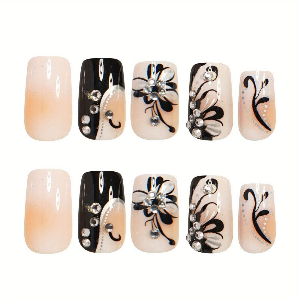 Matte Press On Nails 48 Pieces Black White Square – French Tip Butterfly Pattern Full Cover Detachable False Nails for Women | Elegant Nail Art Gift Set for Valentines Day Holiday  - product image 9