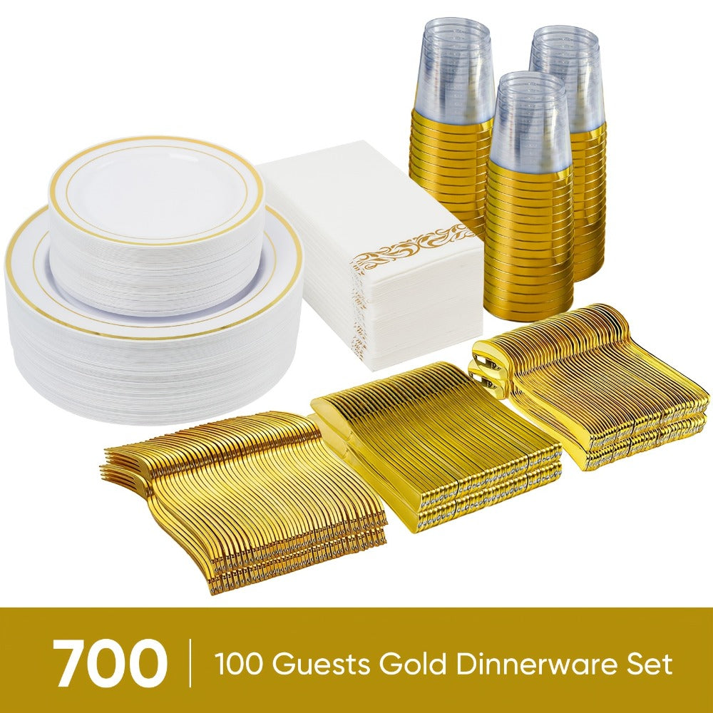 Disposable Party Dinnerware Set 350 700 Pieces Gold Silver Plastic Plates Salad Plates Cutlery Cups Napkins for 50 100 Guests Wedding Birthday Graduation Party - product image 4