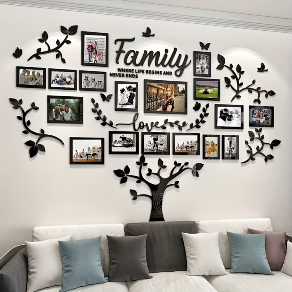 Family Tree Wall Sticker 3D Acrylic Photo Frame Collage – Removable Leaf-Shaped Picture Display with "Family" & "Love" Text, Peel & Stick Living Room Wall Decor, 81.5 x 57.48 Inche - product image