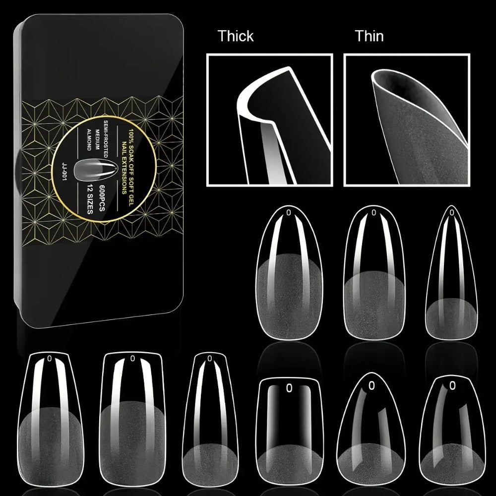 Gel Nail Tips 600 Pieces Clear Crystal Full Cover Nail Extensions – Almond Oval Coffin Stiletto Square Short Medium Long Soft Gel False Nails for Salon & DIY Nail Art Women - product image