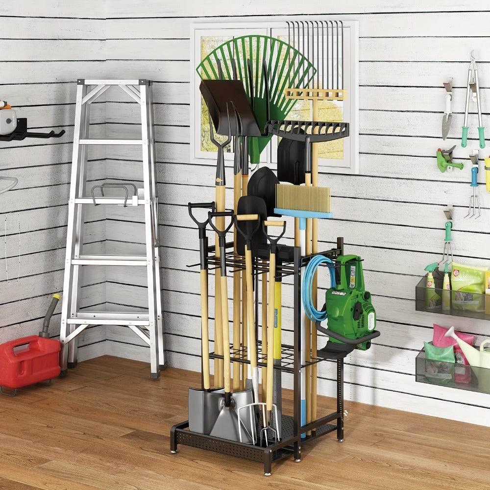Garden Tool Organizer for Garage – Metal Yard Tool Storage Rack with Hooks & Wheels for Long-Handled Tools, Broom, Shovel, Rake, Mop – Heavy Duty Freestanding Tool Stand Holder, Bl - product image 2