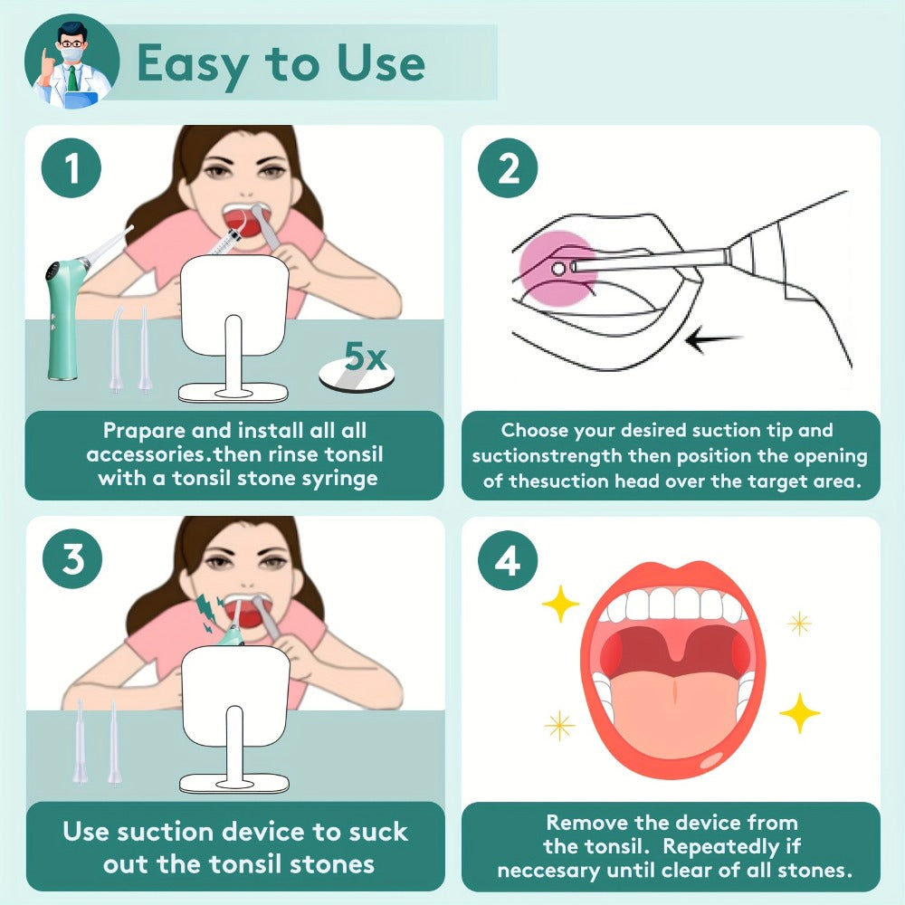 Tonsil Stone Remover Electric Vacuum Kit with LED Light – 3 Suction Modes 5X Magnifying Mirror Oral Irrigator Safe Gentle Tonsillolith Removal Tool for Adults at Home Use Rechargea - product image 7