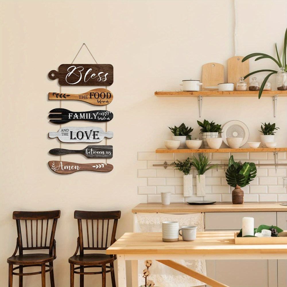 Farmhouse Wall Decor Wood Sign Set - "Bless The Food Before Us" Rustic Kitchen Dining Room Hanging Plaque, 6-Piece Rope Wood Board Art, Housewarming Thanksgiving Gift for Home - product image 8